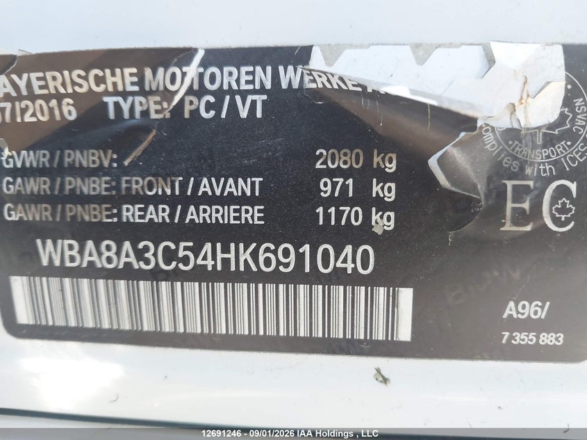 2017 BMW 3ER SEDAN 2.0L I-4 DI, DOHC, VVT, TURBO, PREMIUM , 184HP