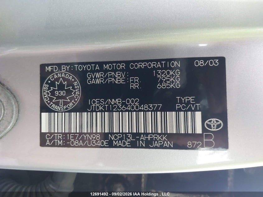 2004 TOYOTA ECHO SEDAN 1.5L I-4 DOHC, VVT, REGULAR , 108HP
