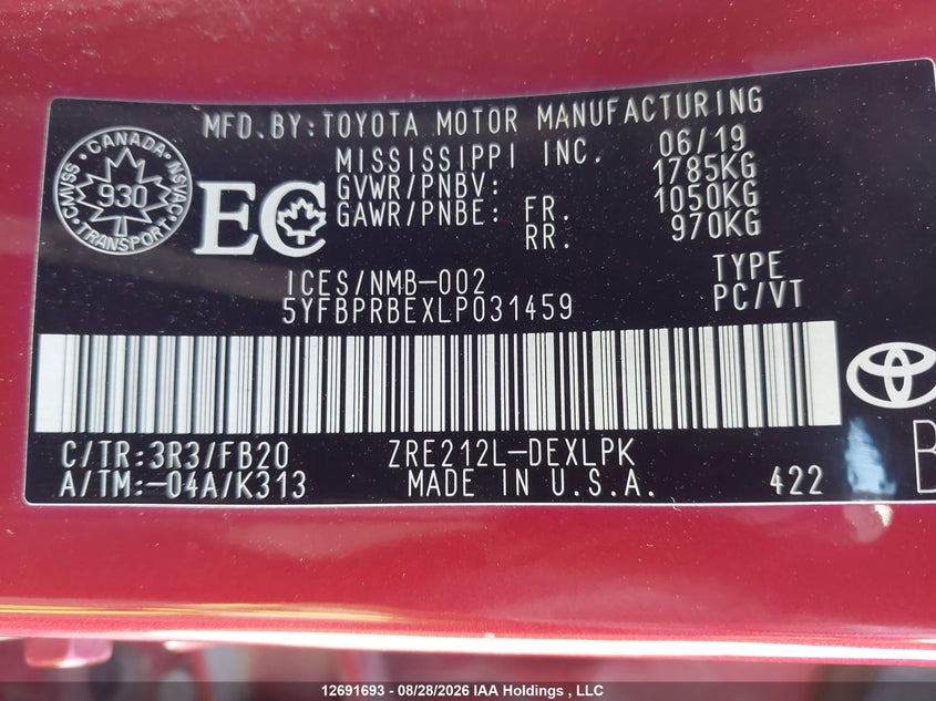 2020 TOYOTA COROLLA SEDAN 1.8L I-4 DOHC, VVT, REGULAR , 139HP