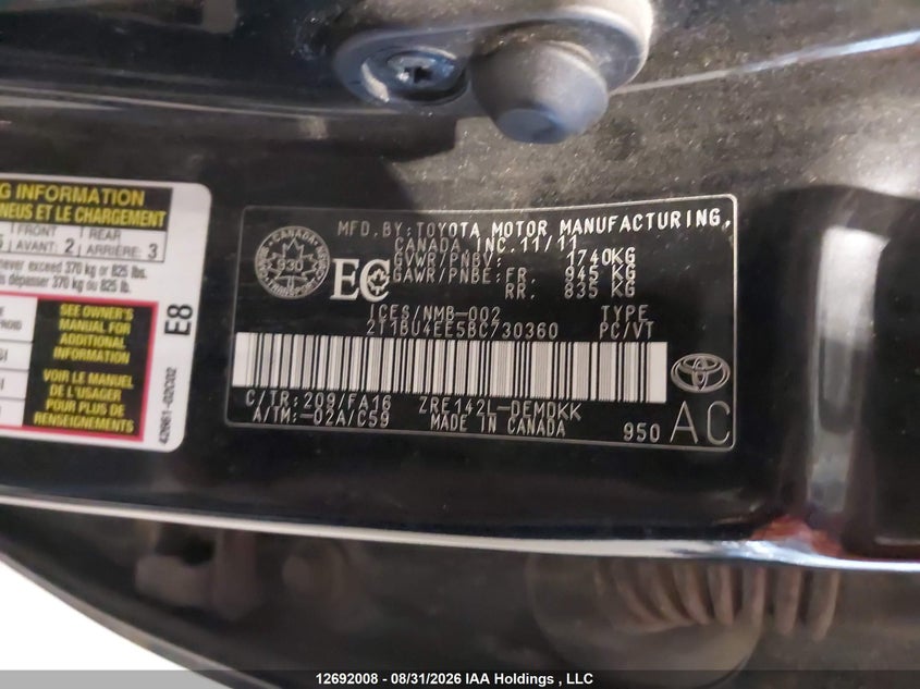 2011 TOYOTA COROLLA SEDAN 1.8L I4 FI DOHC 16V NF4
