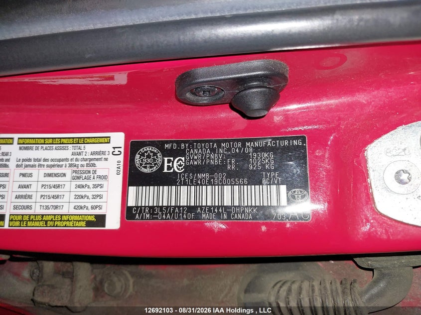 2009 TOYOTA MATRIX HATCHBACK 2.4L I4 FI DOHC 16V NF4