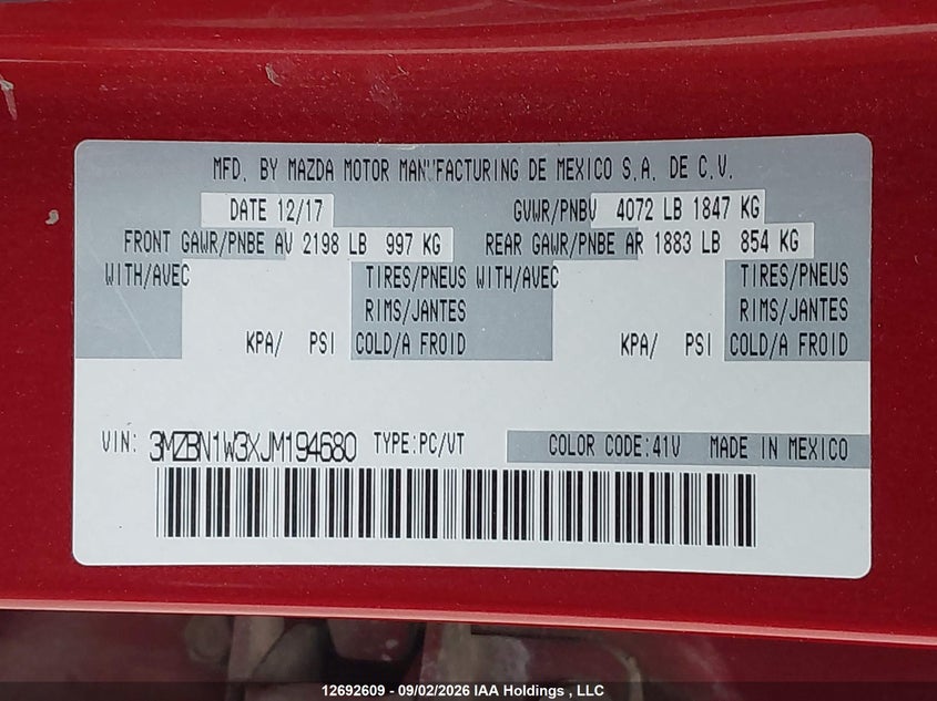 2018 MAZDA 3 SEDAN 2.5L I-4 DI, DOHC, VVT, REGULAR , 184HP