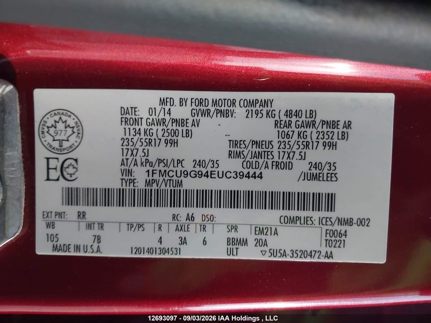 2014 FORD ESCAPE SPORT UTILITY VEHICLE 2.0L I4 FI DOHC 16V NF4