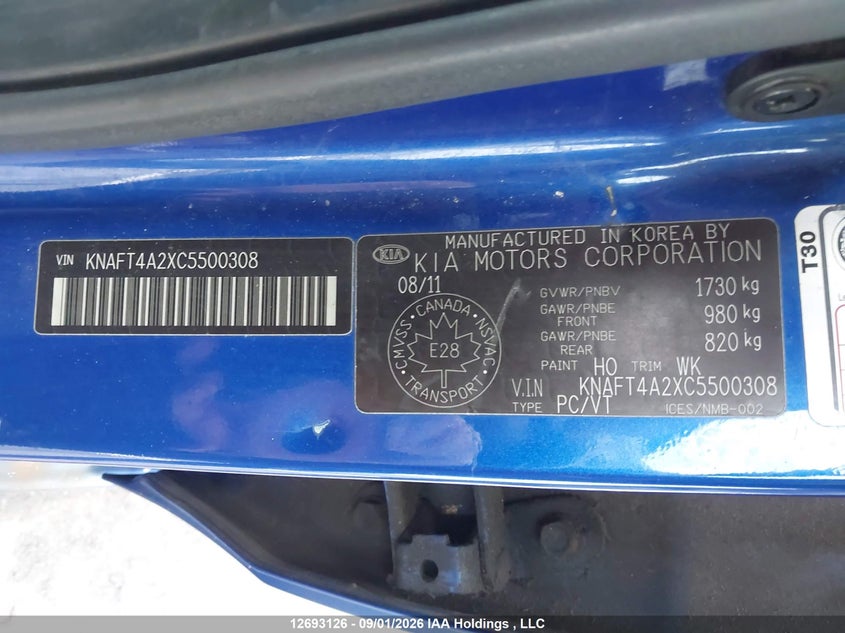 2012 KIA FORTE SEDAN 2.0L I-4 DOHC, VVT, REGULAR , 156HP