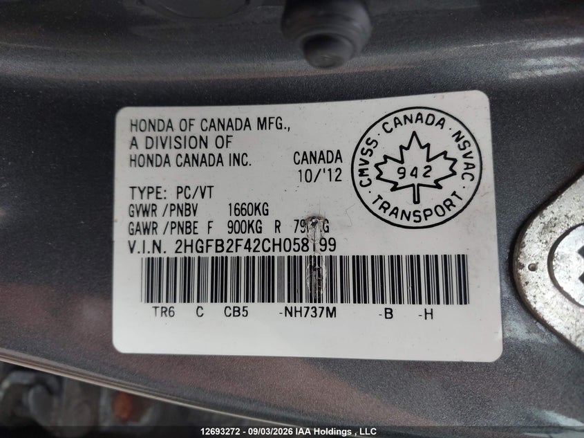 2012 HONDA CIVIC SEDAN 1.8L I4 FI SOHC 16V NF4