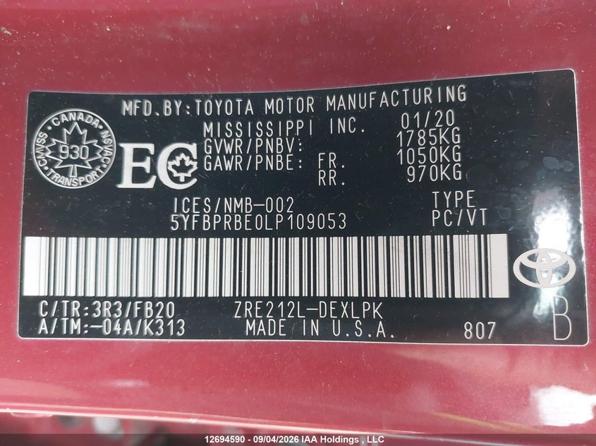 2020 TOYOTA COROLLA SEDAN 1.8L I-4 DOHC, VVT, REGULAR , 139HP