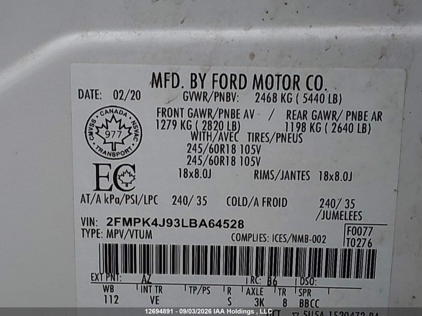 2020 FORD EDGE SPORT UTILITY VEHICLE 2.0L I-4 DI, DOHC, VVT, TURBO, PREMIUM , 250HP