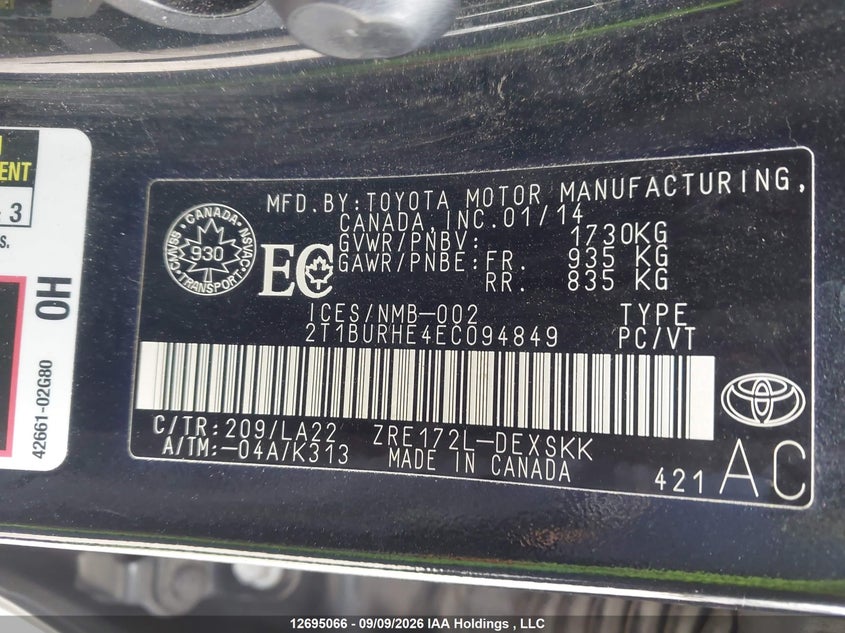 2014 TOYOTA COROLLA SEDAN 1.8L I-4 DOHC, VVT, REGULAR , 132HP