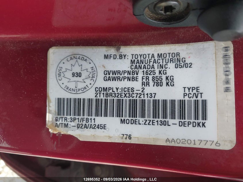 2003 TOYOTA COROLLA SEDAN 1.8L I-4 DOHC, VVT, REGULAR , 130HP
