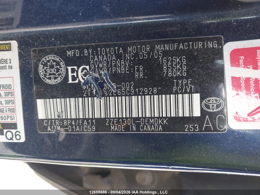 2005 TOYOTA COROLLA SEDAN 1.8L I4 FI DOHC 16V F4