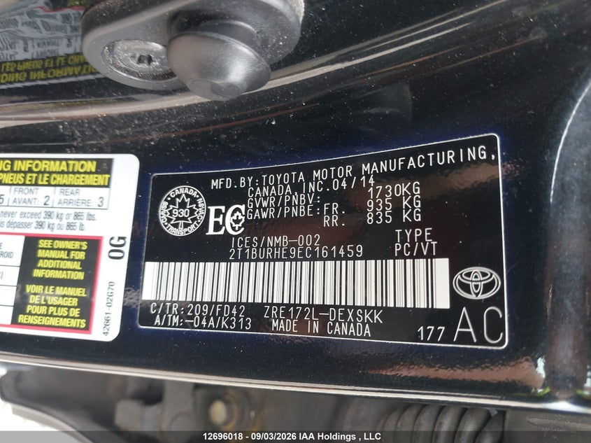 2014 TOYOTA COROLLA SEDAN 1.8L I-4 DOHC, VVT, REGULAR , 132HP