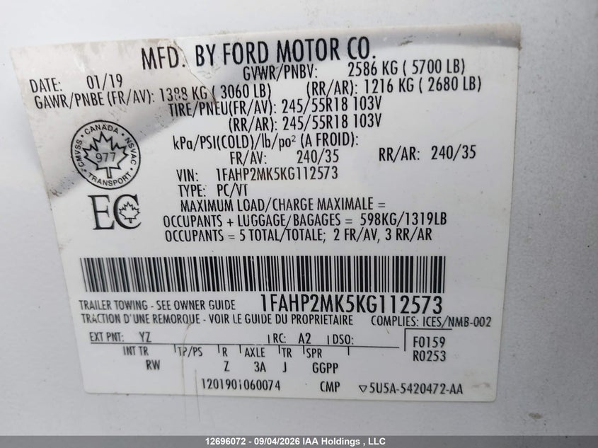 2019 FORD TAURUS SEDAN 3.7L V-6 DOHC, VVT, REGULAR , 305HP