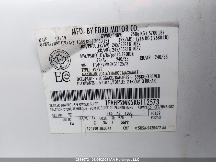 2019 FORD TAURUS SEDAN 3.7L V-6 DOHC, VVT, REGULAR , 305HP