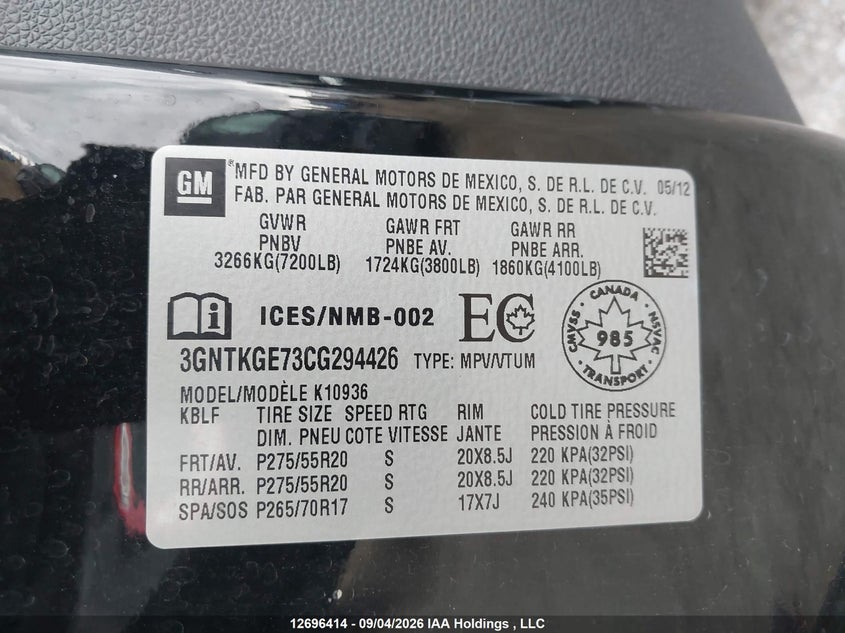 2012 CHEVROLET AVALANCHE TRUCK 5.3L V8 FI OHV 16V NF2