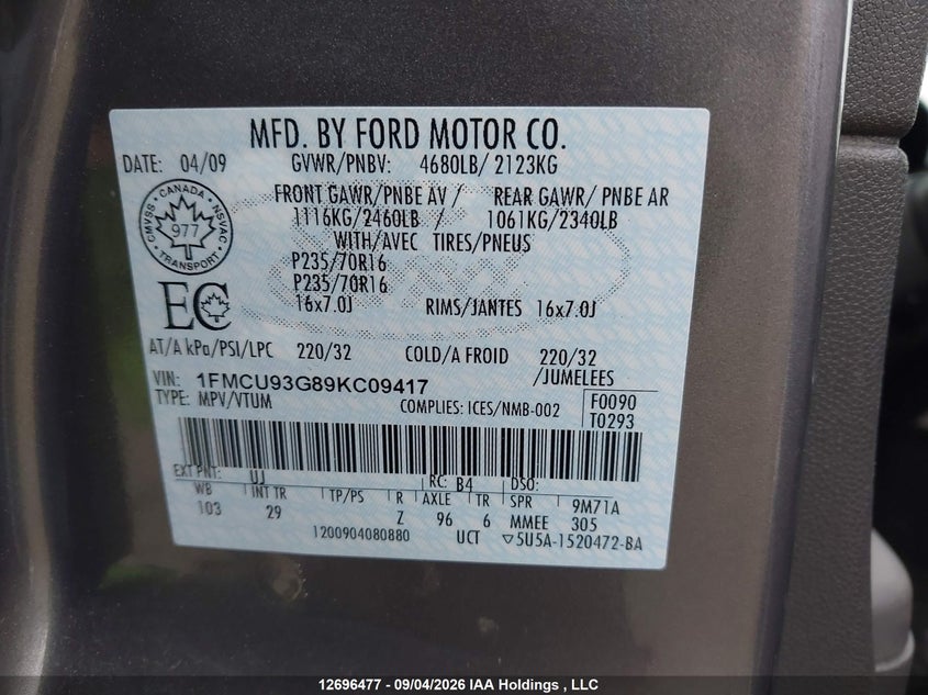 2009 FORD ESCAPE SPORT UTILITY VEHICLE 3.0L V-6 DOHC, VVT, REGULAR , 240HP
