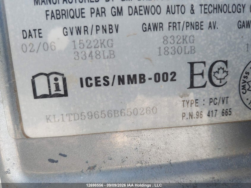 2006 CHEVROLET AVEO HATCHBACK 1.6L I-4 DOHC, REGULAR , 103HP