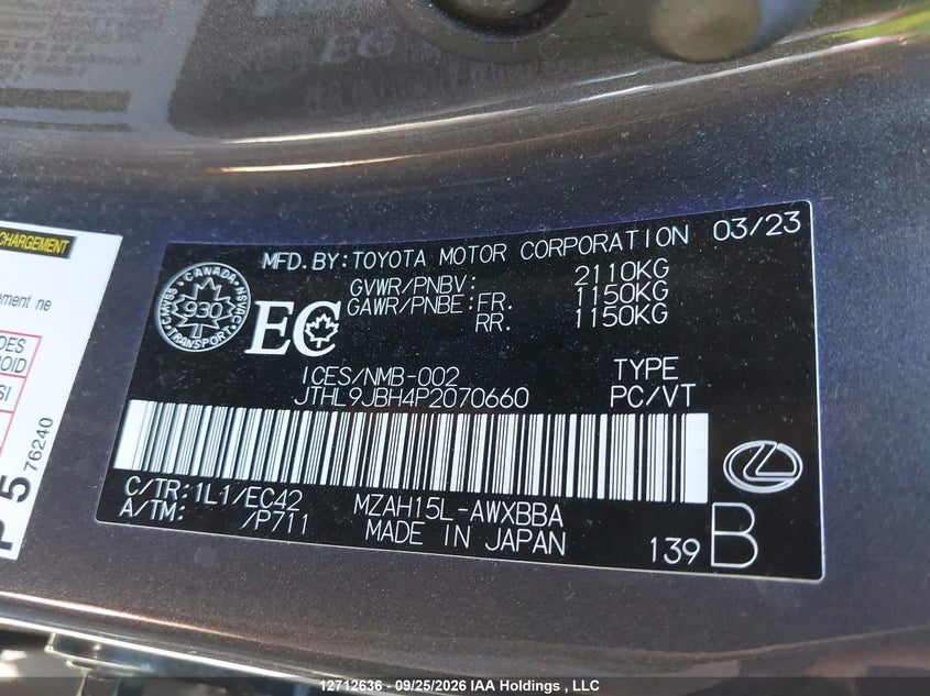 2023 Lexus Ux 250H VIN: JTHL9JBH4P2070660 Lot: 12712636