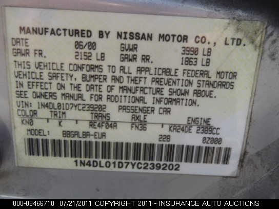 1N4DL01D7YC239202 2000 Nissan Altima Xe/Gxe/Se/Gle