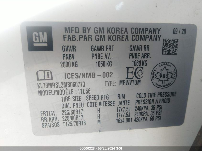 2021 Chevrolet Trailblazer Lt VIN: KL79MRSL3MB060773 Lot: 30000228