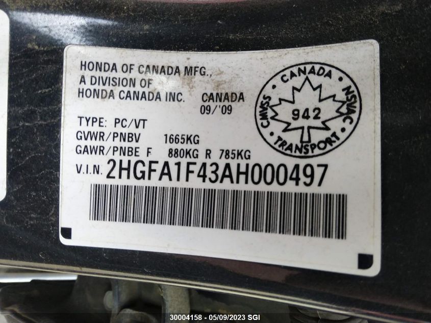 2HGFA1F43AH000497 2010 Honda Civic Dx-G