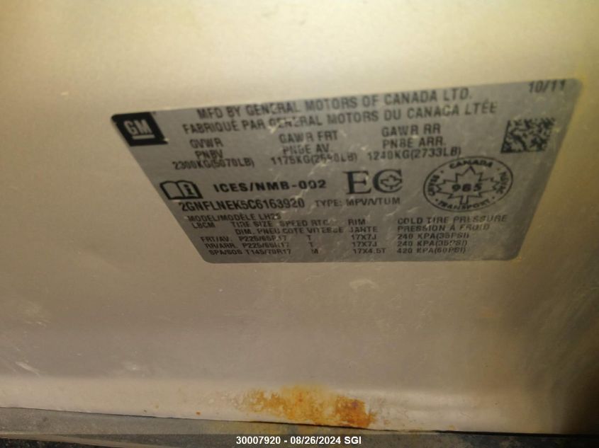 2012 Chevrolet Equinox Lt VIN: 2GNFLNEK5C6163920 Lot: 30007920