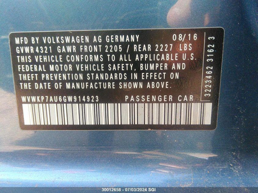 2016 Volkswagen E-Golf Se VIN: WVWKP7AU6GW914923 Lot: 30012658