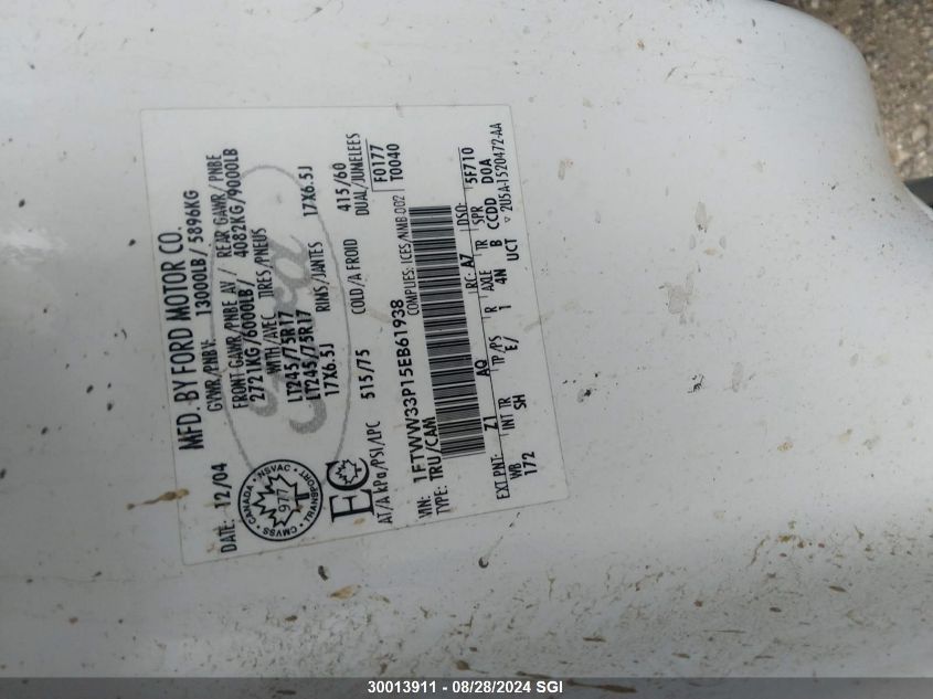 2005 Ford F350 Super Duty VIN: 1FTWW33P15EB61938 Lot: 30013911