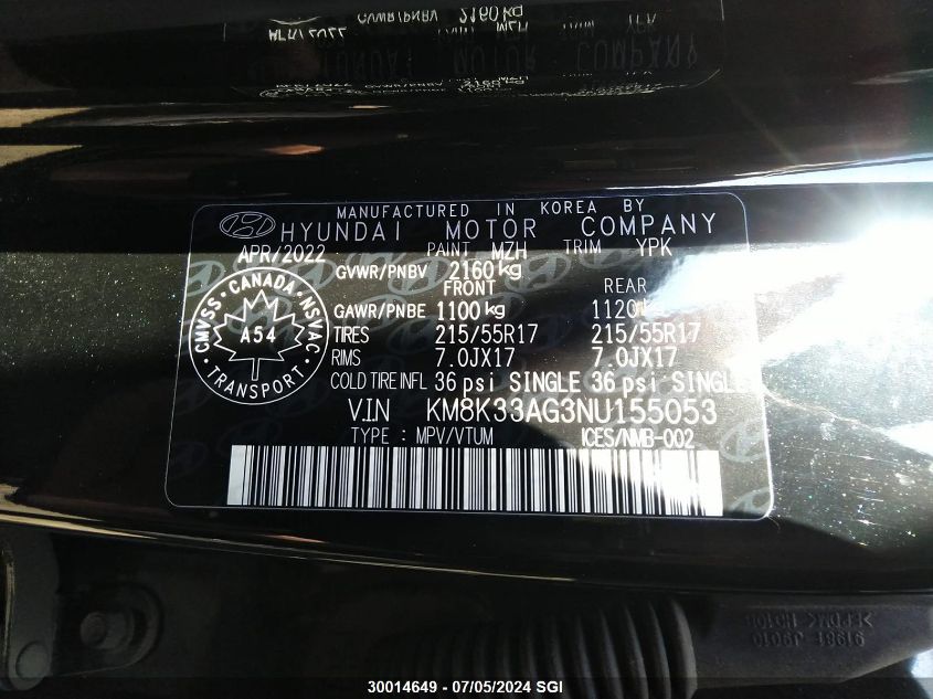 2022 Hyundai Kona Sel VIN: KM8K33AG3NU155053 Lot: 30014649