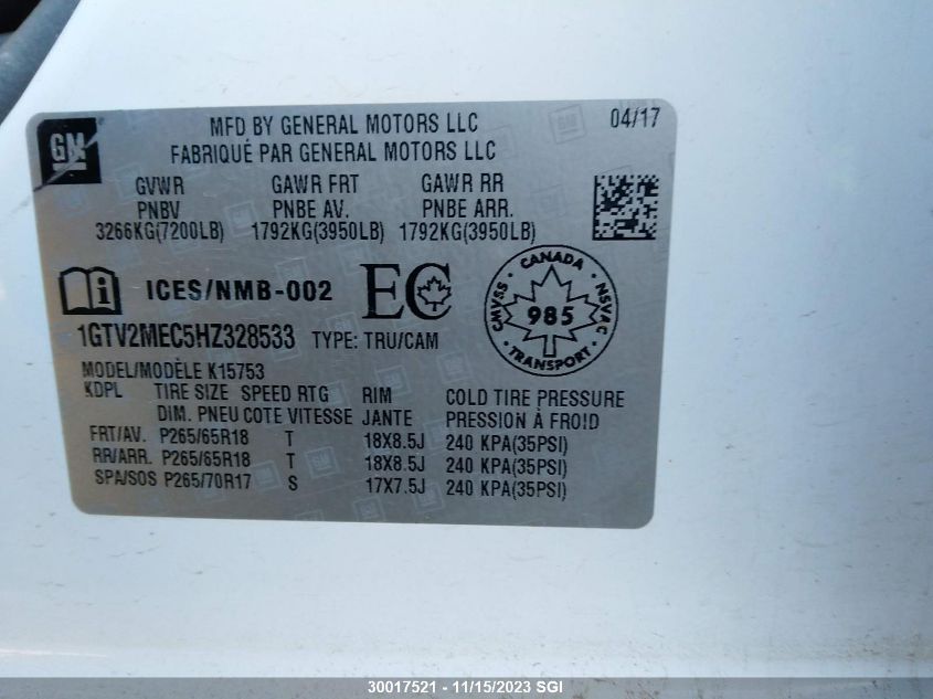 2017 GMC Sierra K1500 Sle VIN: 1GTV2MEC5HZ328533 Lot: 30017521