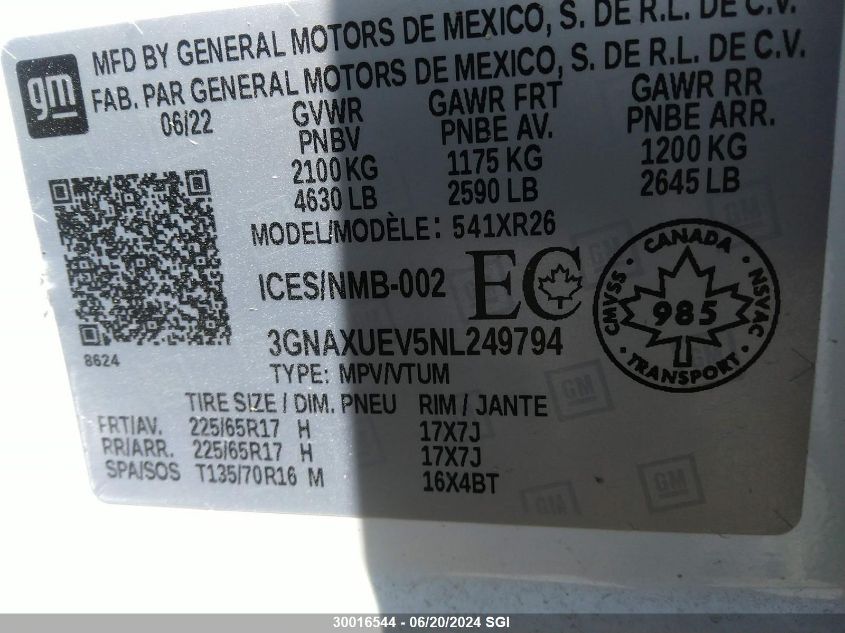 2022 Chevrolet Equinox Lt VIN: 3GNAXUEV5NL249794 Lot: 30016544