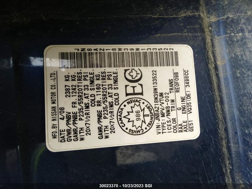 2009 Nissan Murano Le VIN: JN8AZ18W39W133522 Lot: 30023370