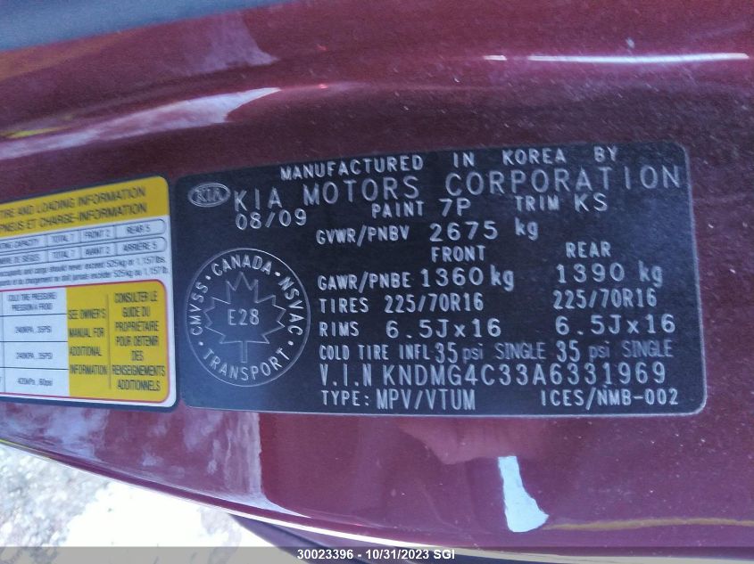 2010 Kia Sedona Lx VIN: KNDMG4C33A6331969 Lot: 30023396