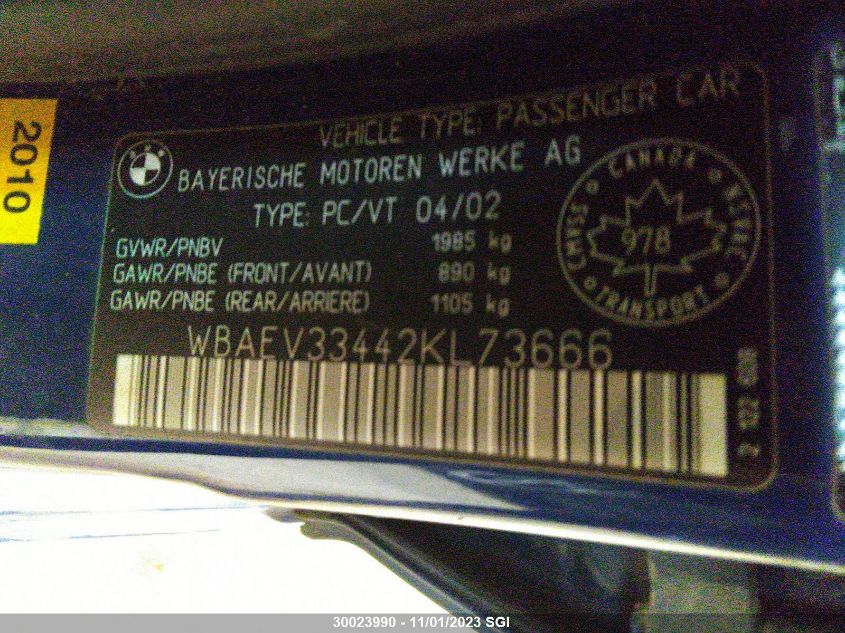 2002 BMW 325 I VIN: 3VWDX7AJ4CM338626 Lot: 30023990