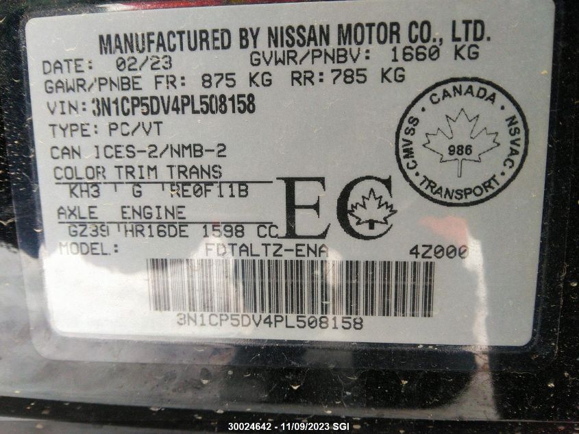 2023 Nissan Kicks Sr VIN: 3N1CP5DV4PL508158 Lot: 30024642