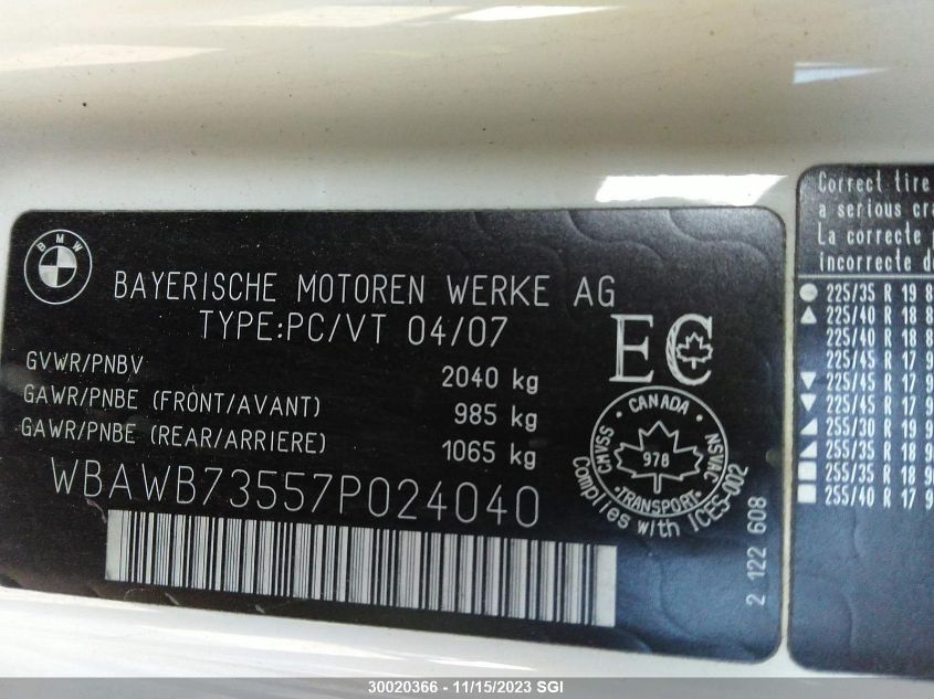 2007 BMW 3 Series 335I VIN: 4S3BMBC65B3230238 Lot: 30020366