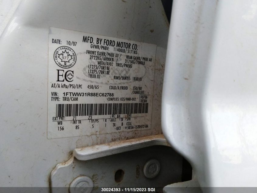 2008 Ford F350 Srw Super Duty VIN: 1FTWW31R88EC62788 Lot: 30024393