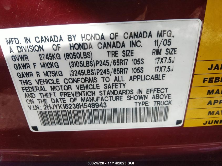 2006 Honda Ridgeline Rt VIN: 2HJYK16236H548943 Lot: 30024720