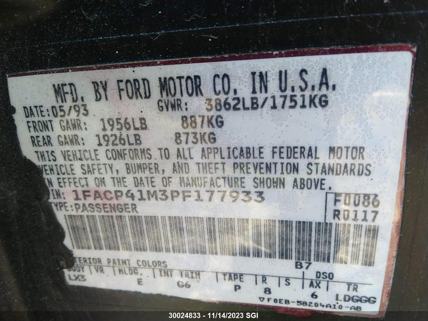 1993 Ford Mustang Lx VIN: 1FACP41M3PF177933 Lot: 30024833