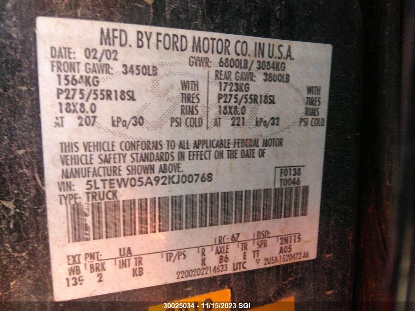 2002 Lincoln Blackwood VIN: 5LTEW05A92KJ00768 Lot: 30025034