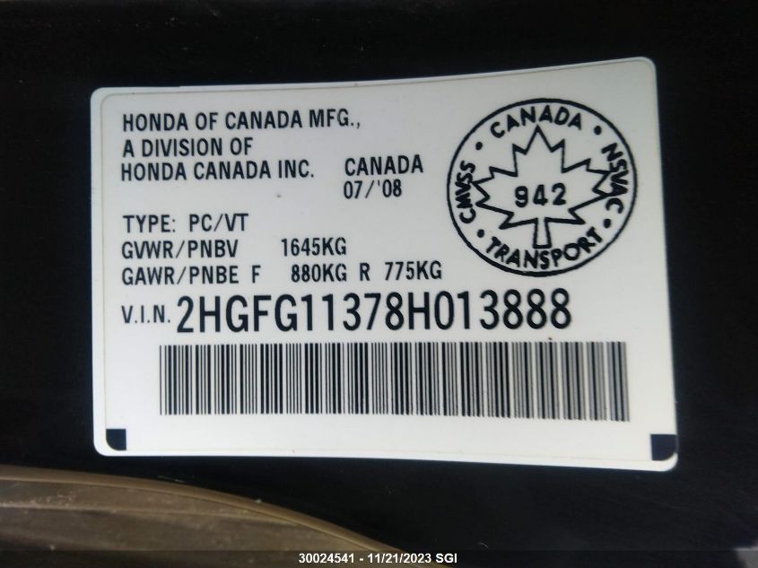 2008 Honda Civic Dx-G VIN: KMHHN66F57U235589 Lot: 30024541