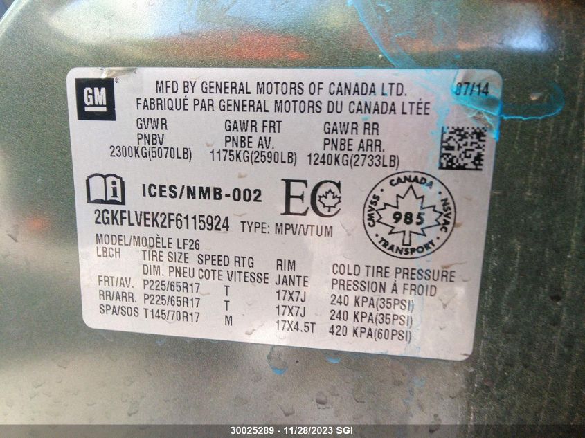 2015 GMC Terrain Sle VIN: 2GKFLVEK2F6115924 Lot: 30025289