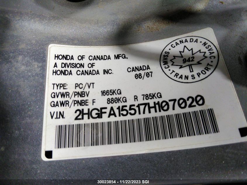 2007 Honda Civic Sdn Lx VIN: JTHBK1EG0B2438862 Lot: 30023854