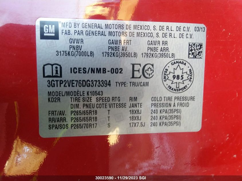 2013 GMC Sierra 1500 Sle VIN: 3GTP2VE76DG373394 Lot: 30023590