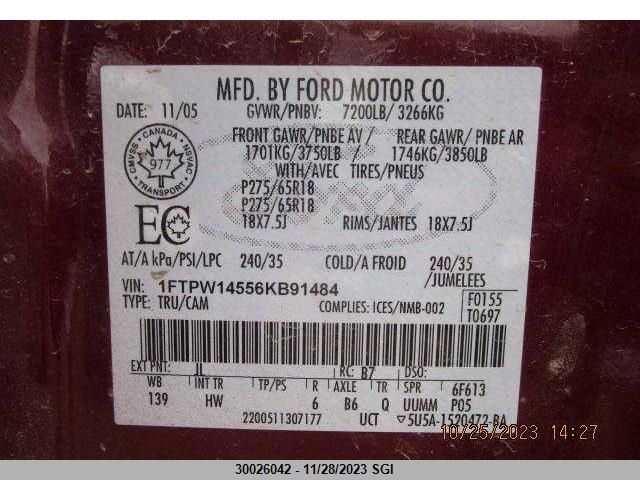 2006 Ford F150 Supercrew VIN: 1FTPW14556KB91484 Lot: 30026042