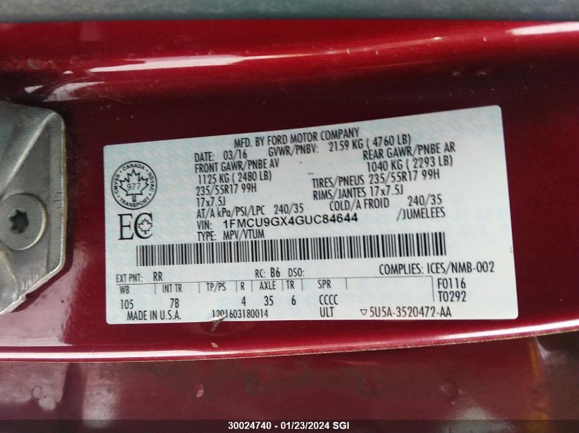 1FMCU9GX4GUC84644 2016 Ford Escape Se