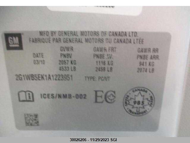 2010 Chevrolet Impala Lt VIN: 2G1WB5EK1A1223951 Lot: 30026206