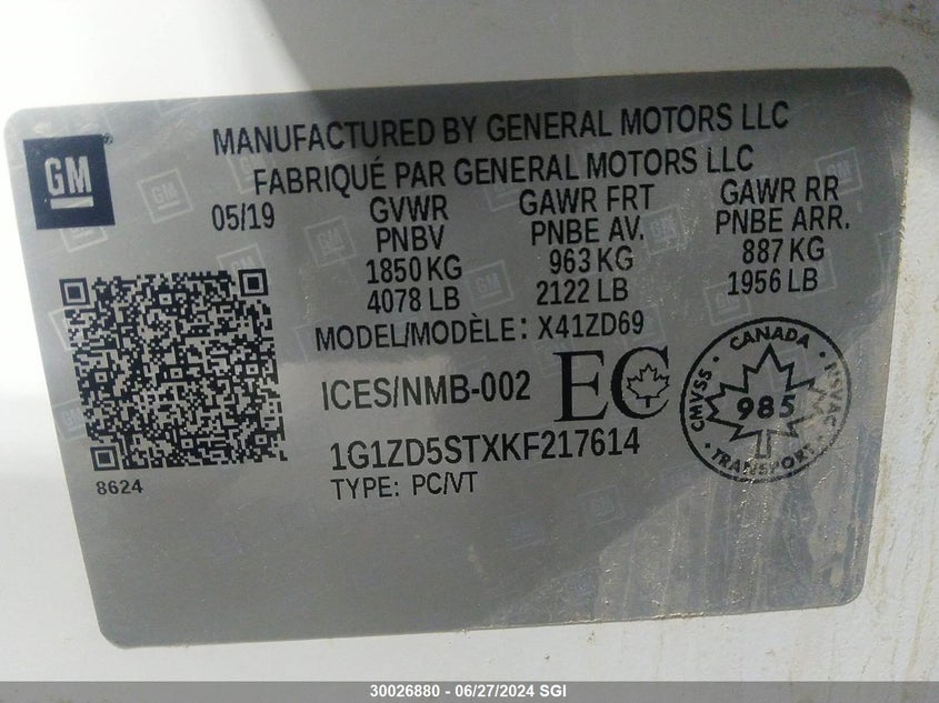 2019 Chevrolet Malibu Lt VIN: 1G1ZD5STXKF217614 Lot: 30026880