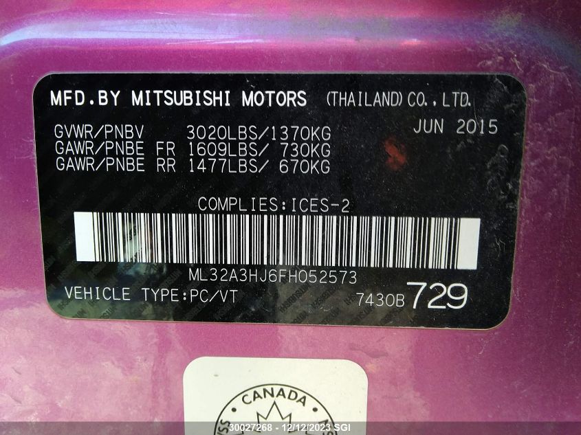 2015 Mitsubishi Mirage De VIN: ML32A3HJ6FH052573 Lot: 30027268