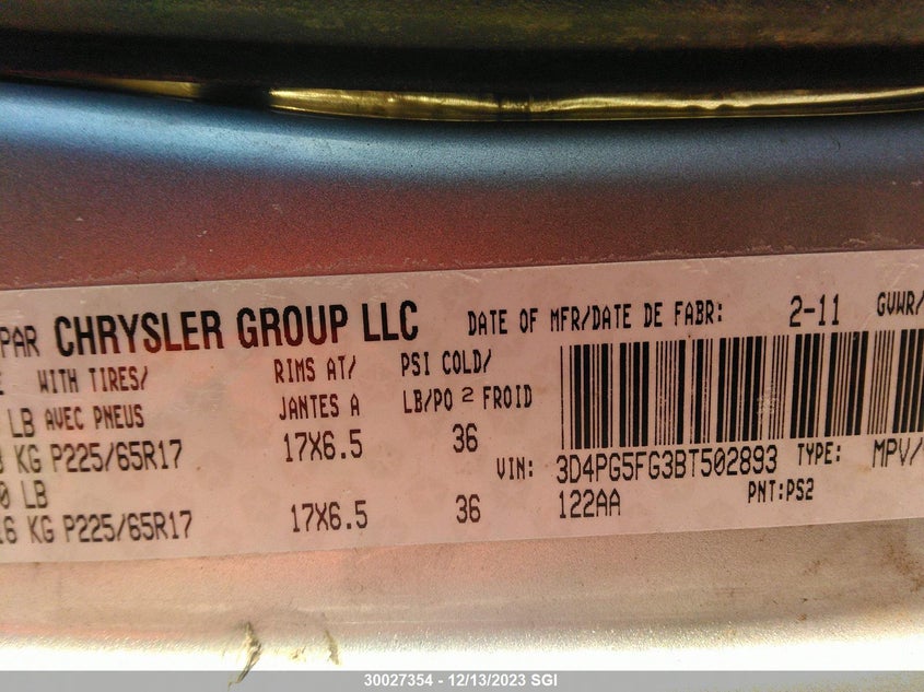 2011 Dodge Journey Sxt VIN: 3D4PG5FG3BT502893 Lot: 30027354