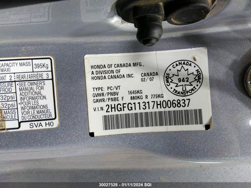 2HGFG11317H006837 2007 Honda Civic Dx-G